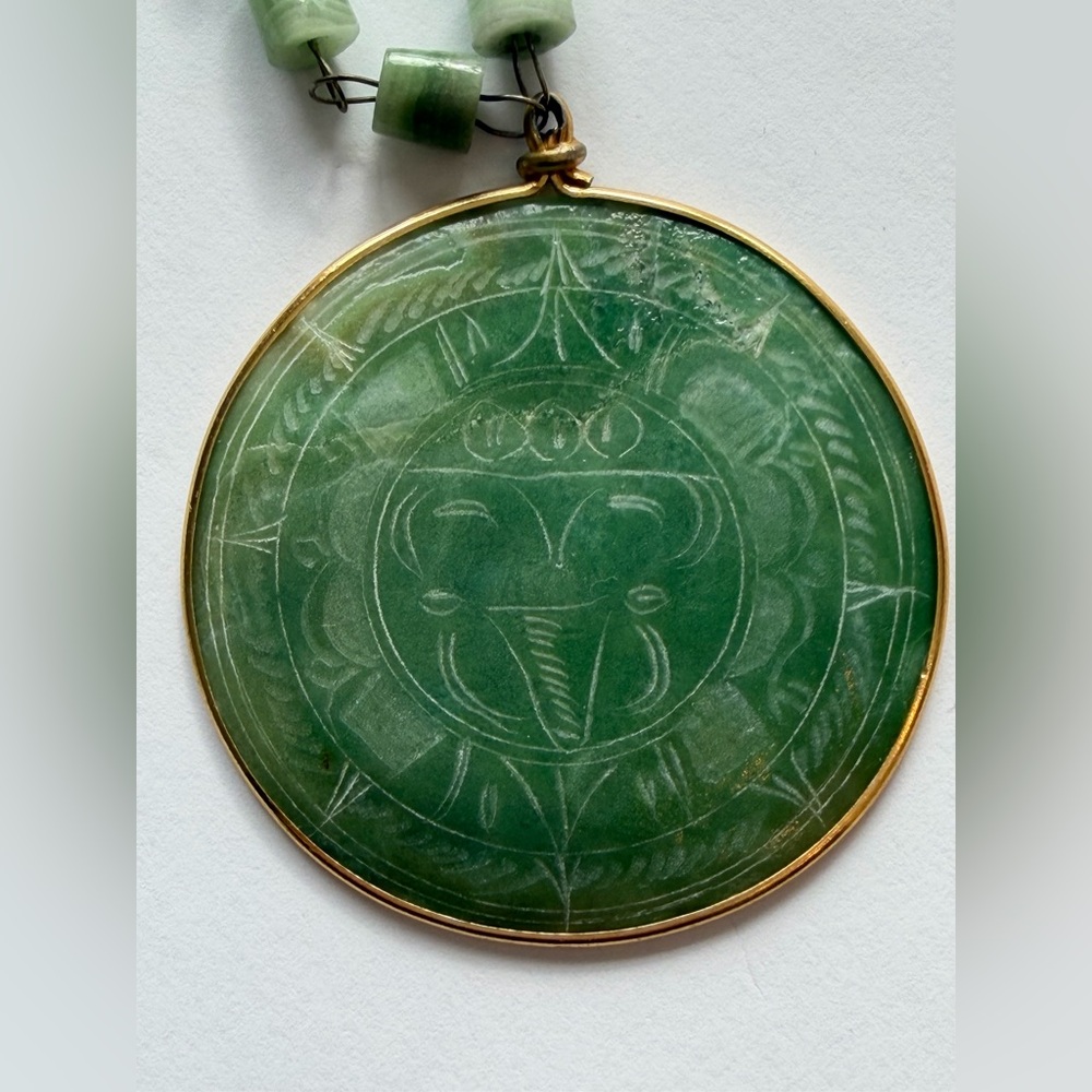Vintage Mexican Artisan Green Onyx Necklace Aztec Sun God. Silver (Tested)